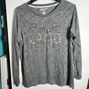 Realtree Gray Burnout Semi-Sheer Womens Long Sleeve Camo Graphic Tee‎ Size 1X